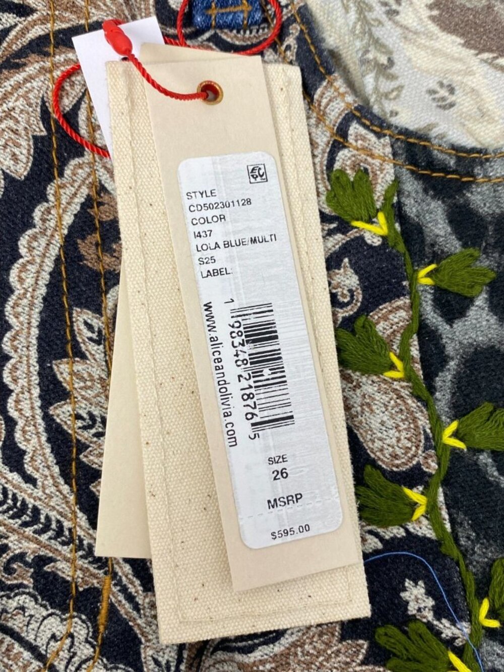 Alice + Olivia Weezy Lola Blue Multi Mixed Media Jeans 26 NWT $595 - Picture 9 of 11